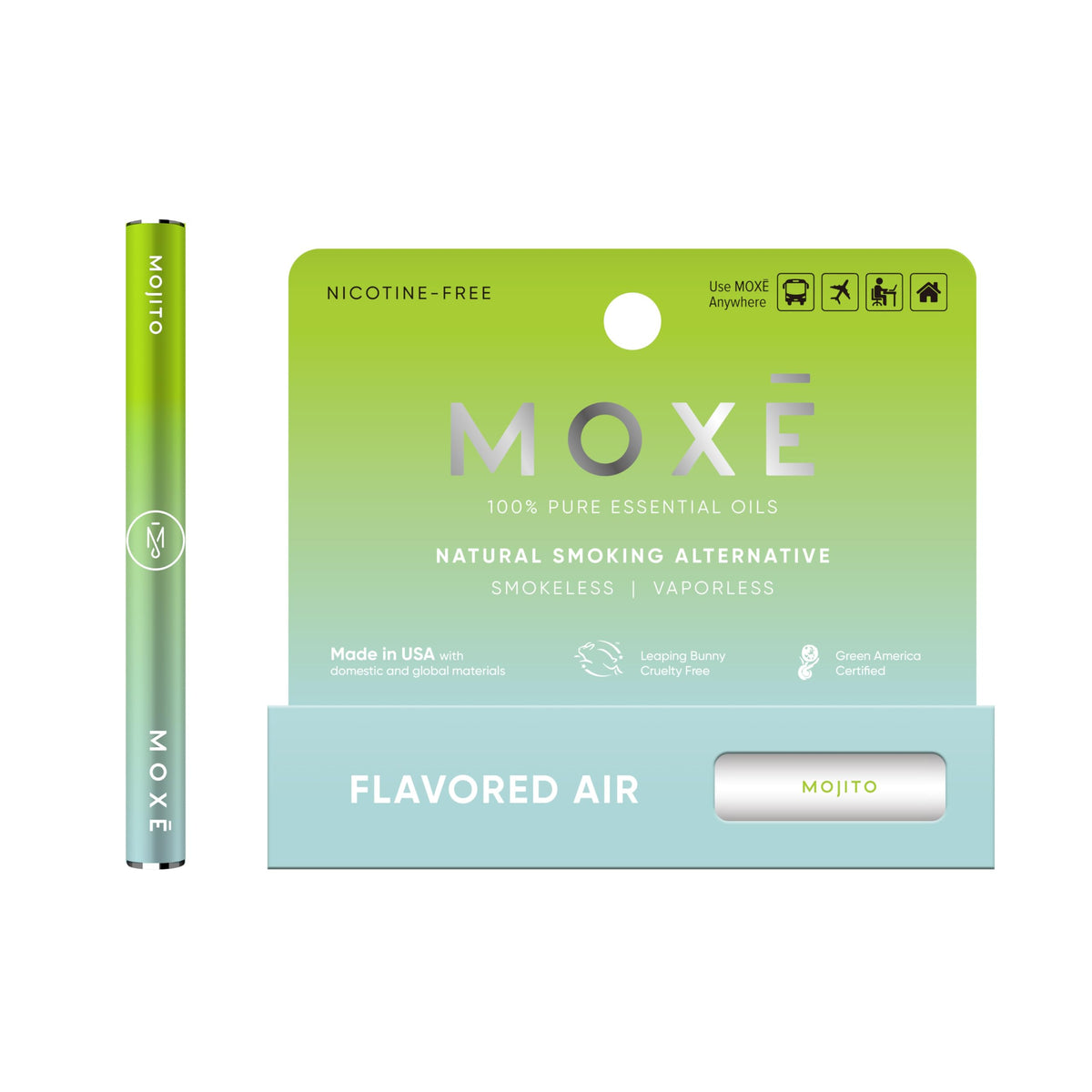 MOXE Natural Mojito Air Inhaler packaging highlights compact, travel-ready aromatherapy.