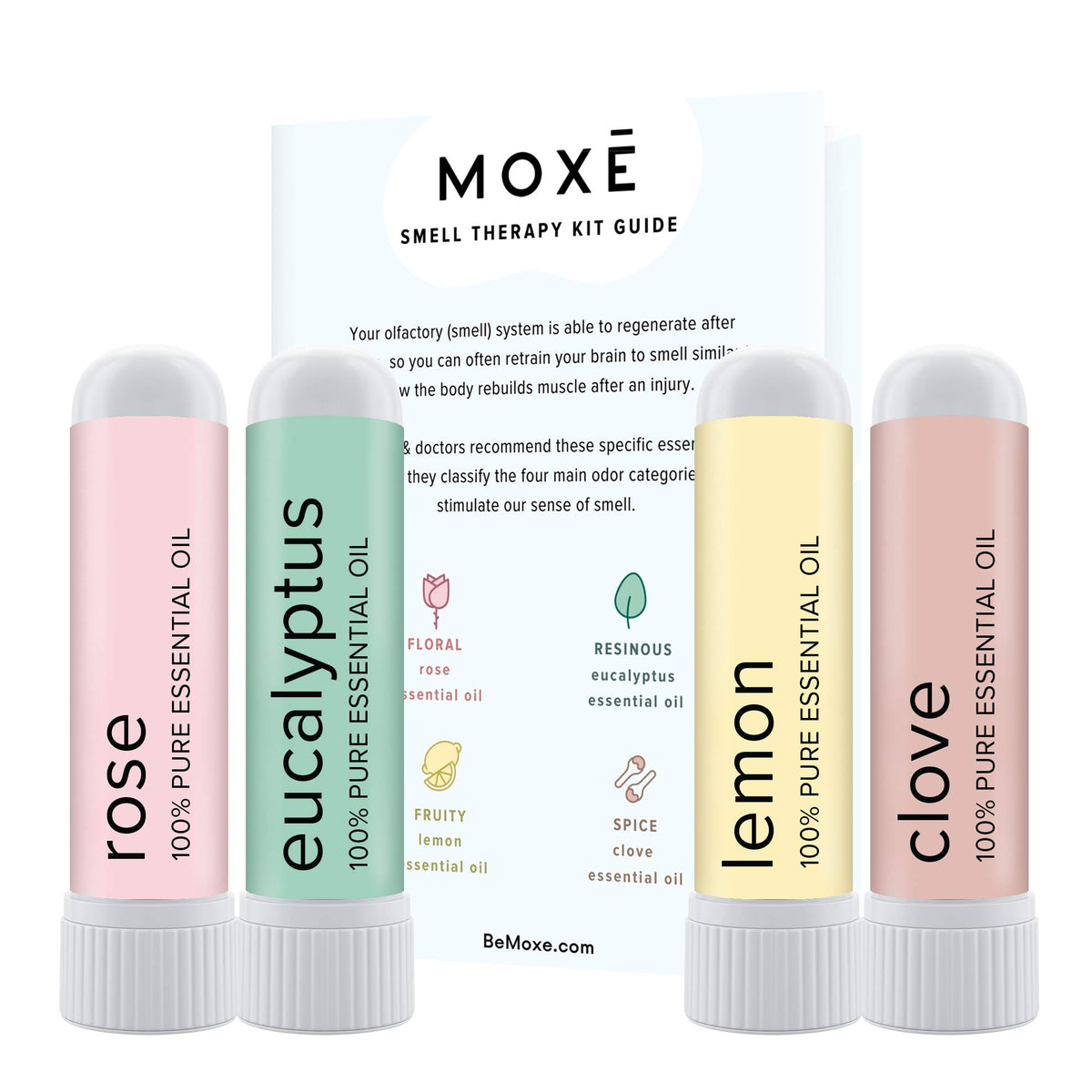 MOXE smell training kit with four essential oils for scent recognition and training