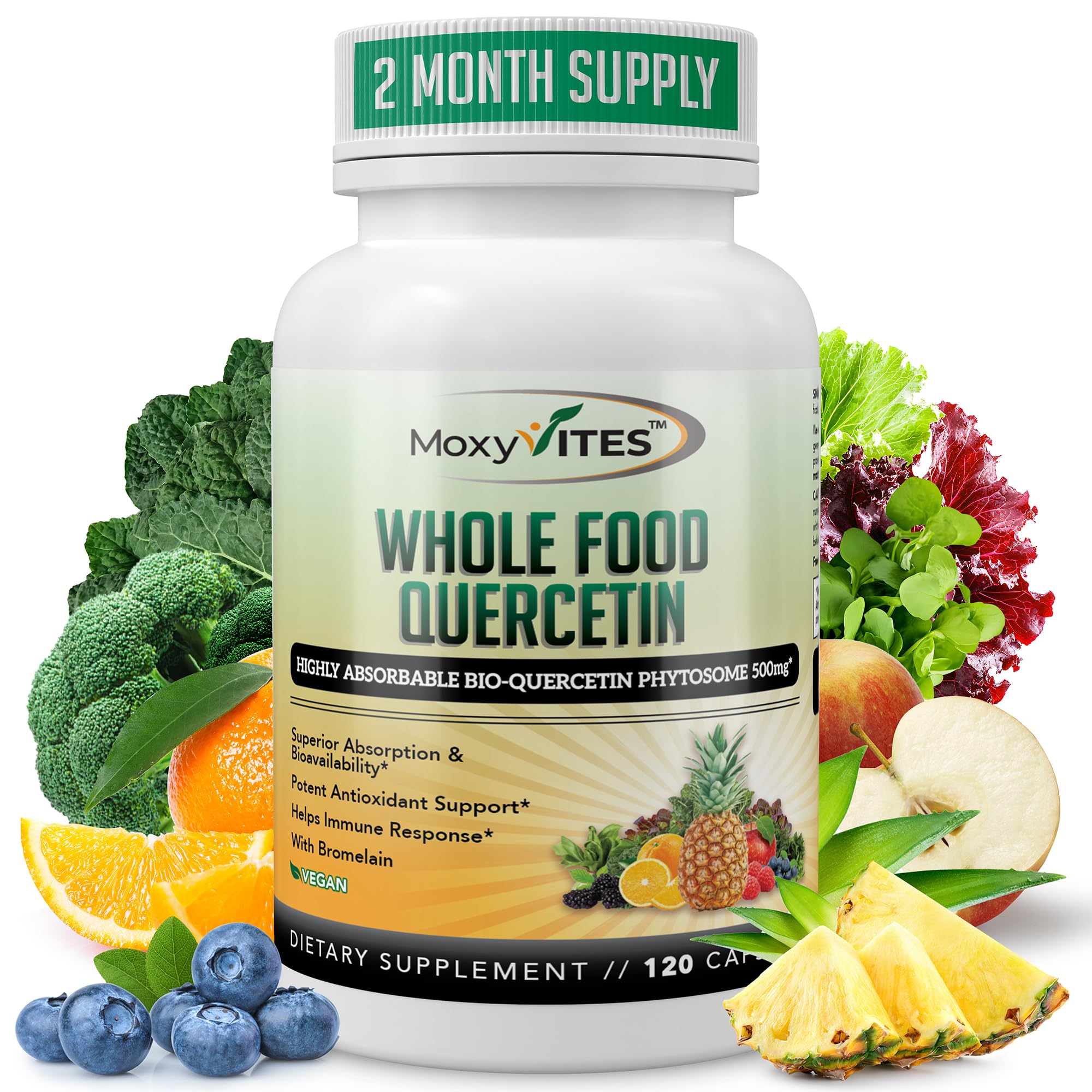 MoxyVites Quercetin phytosome bottle highlights enhanced absorption for daily wellness
