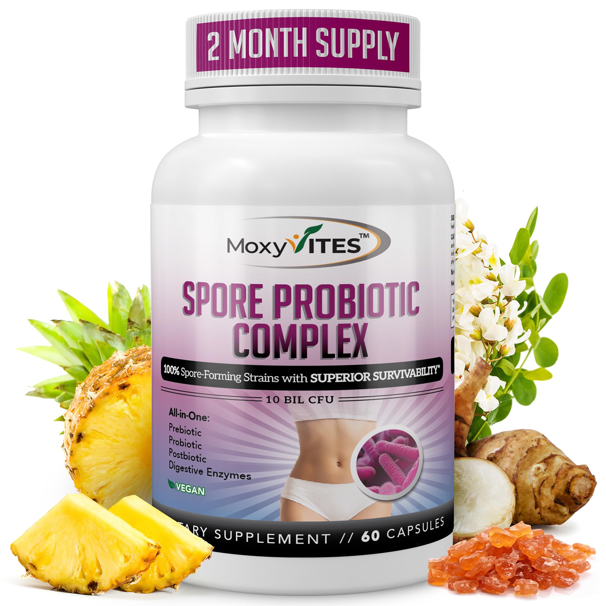 MoxyVites Spore Probiotic Complex bottle cap close supports daily gut balance.