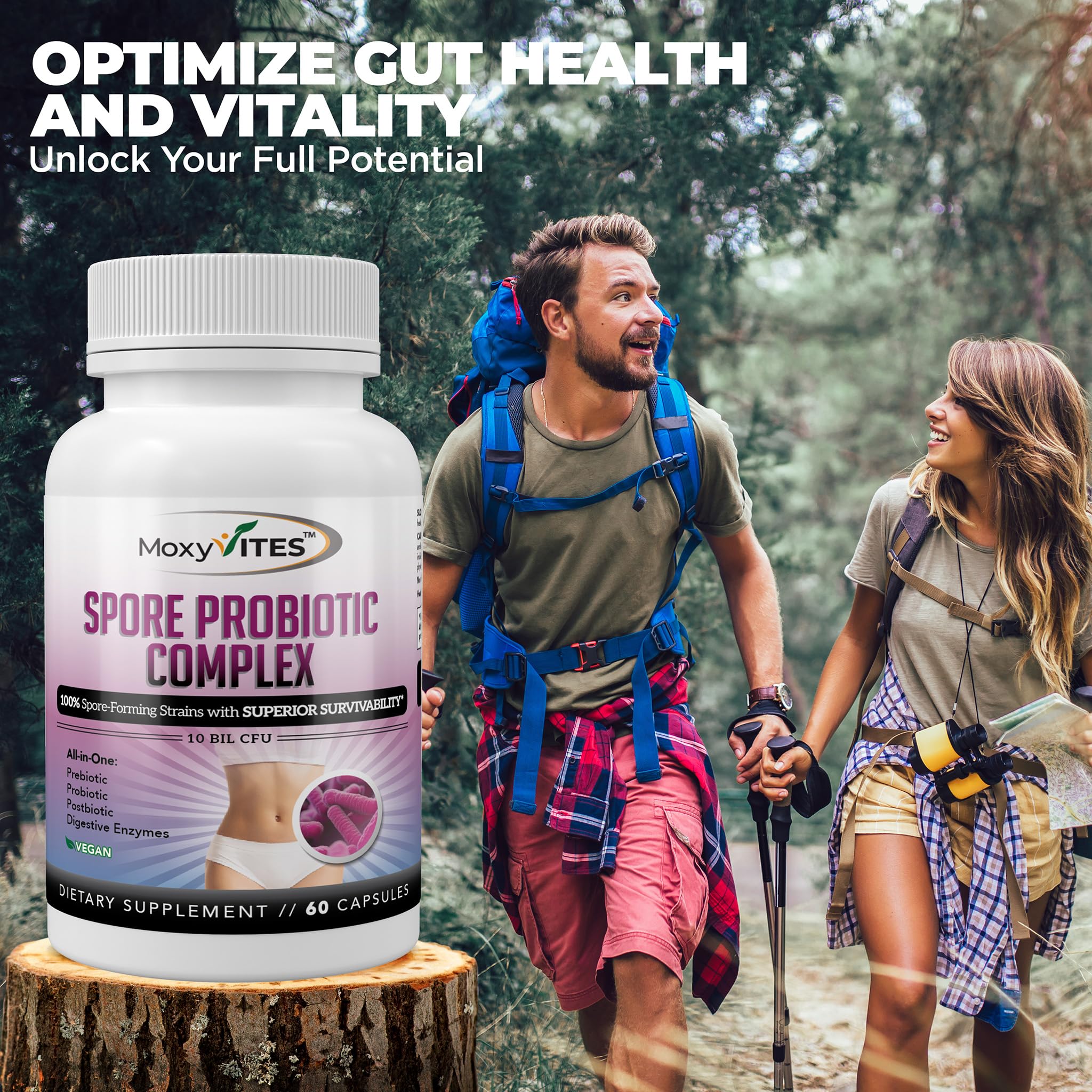 MoxyVites Spore Probiotic Complex demonstrates immune and digestive balance with spore strains.