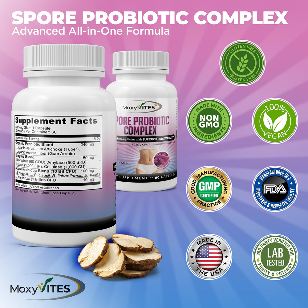 MoxyVites Spore Probiotic Complex non-refrigerated packaging ideal for travel.
