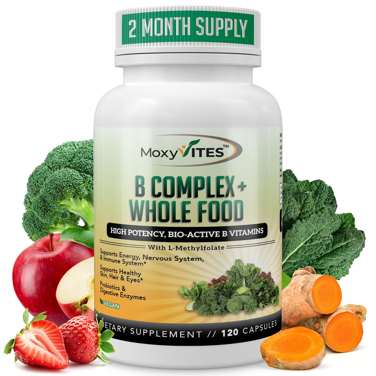MoxyVites Vitamin B Complex bottle on countertop for daily energy support.