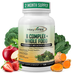 MoxyVites Vitamin B Complex bottle on countertop for daily energy support.