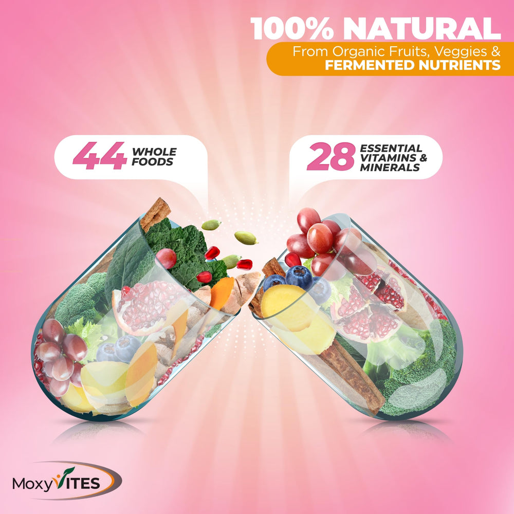 MoxyVites Women's Multivitamin ingredients chart highlights whole-food sources and fermentation benefits.