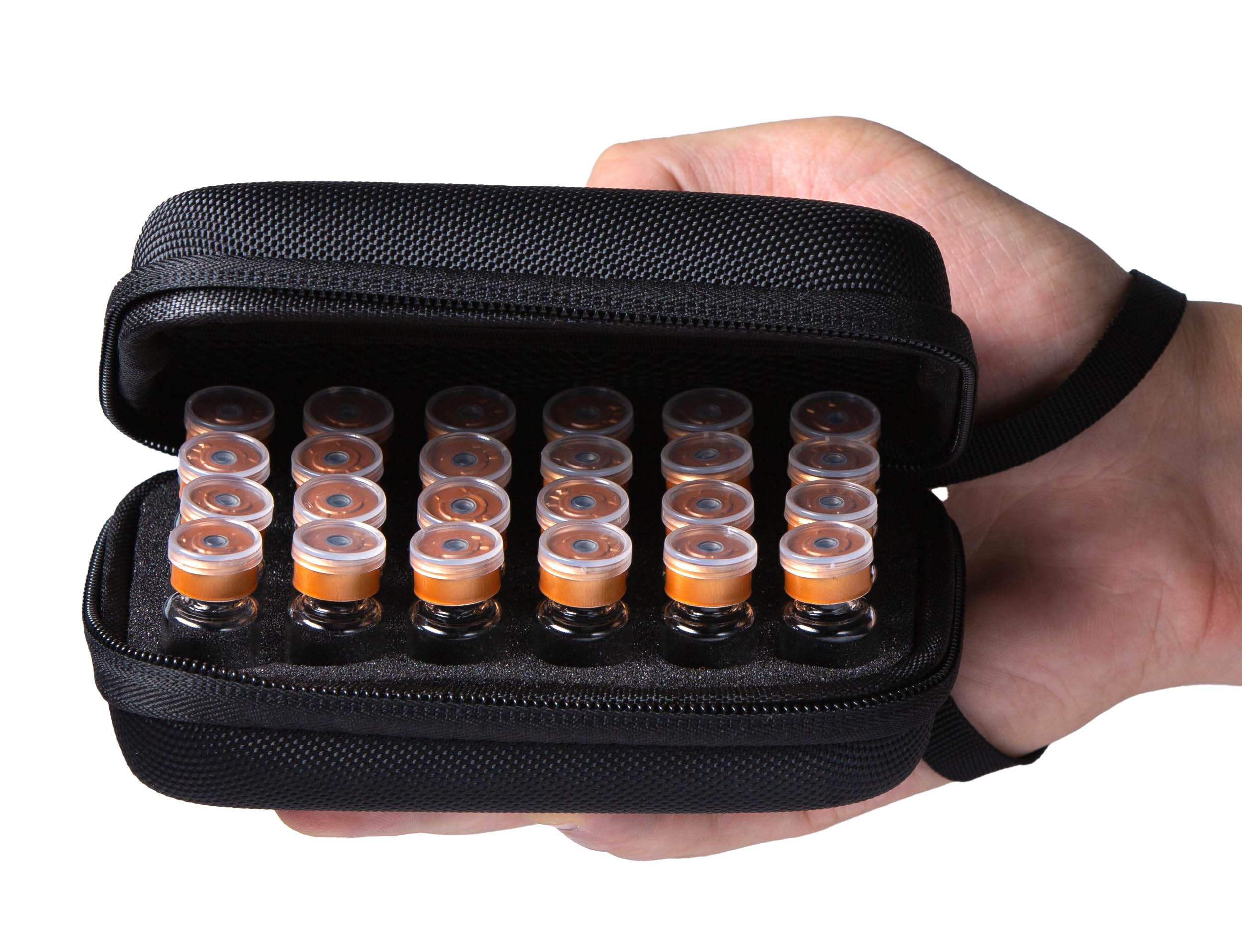 Moyite 24-slot vial case in fridge-ready black keeps vials organized.