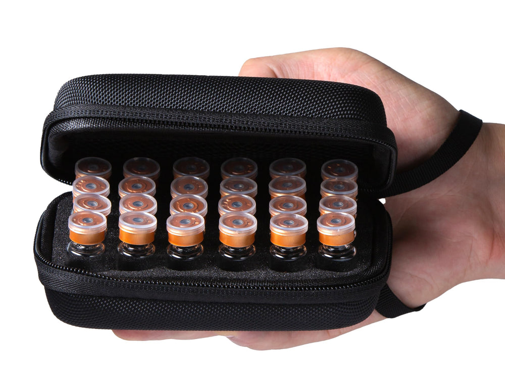 Moyite 24-slot vial case in fridge-ready black keeps vials organized.