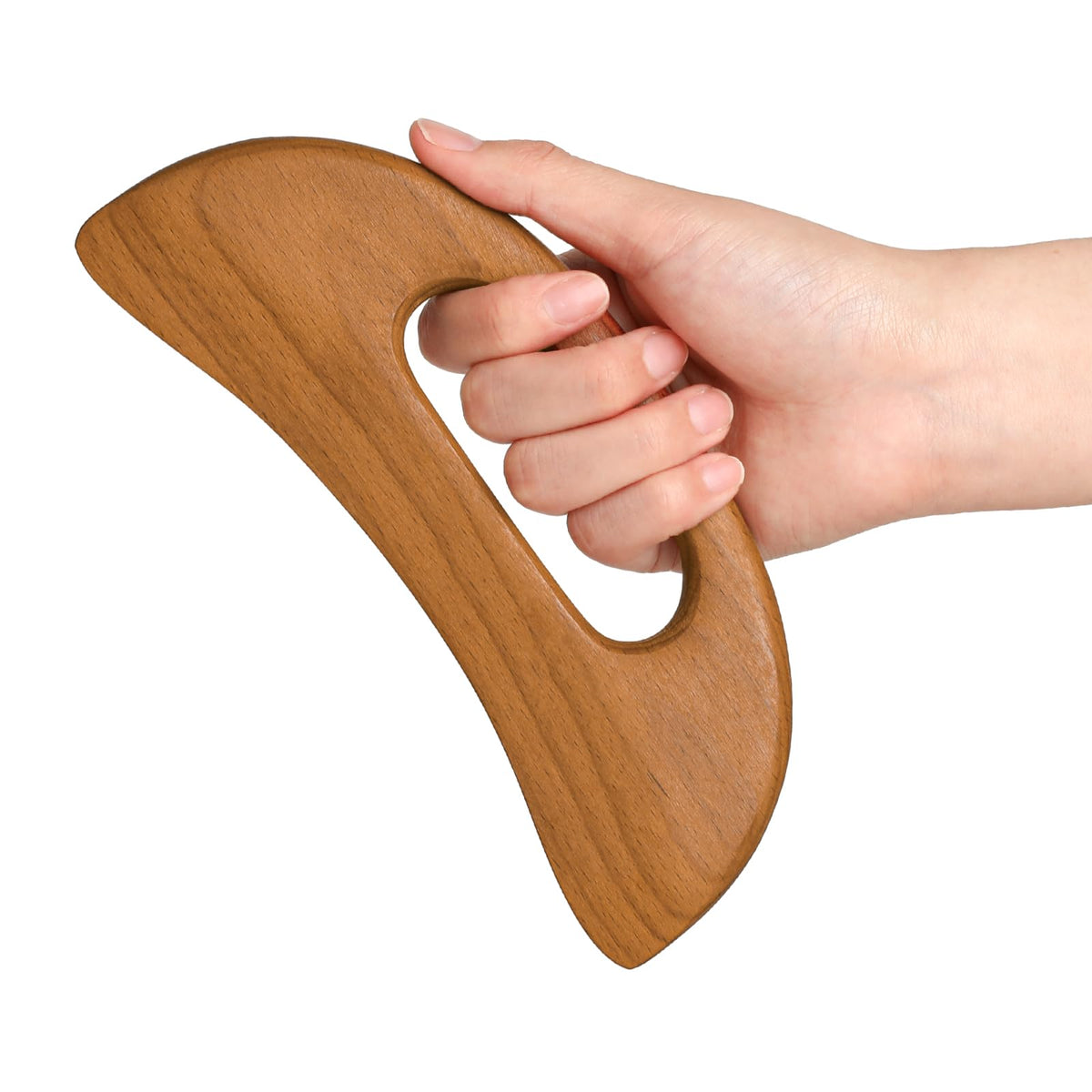 Mozeat Lens wooden gua sha board front view for relaxing massage and tension relief.
