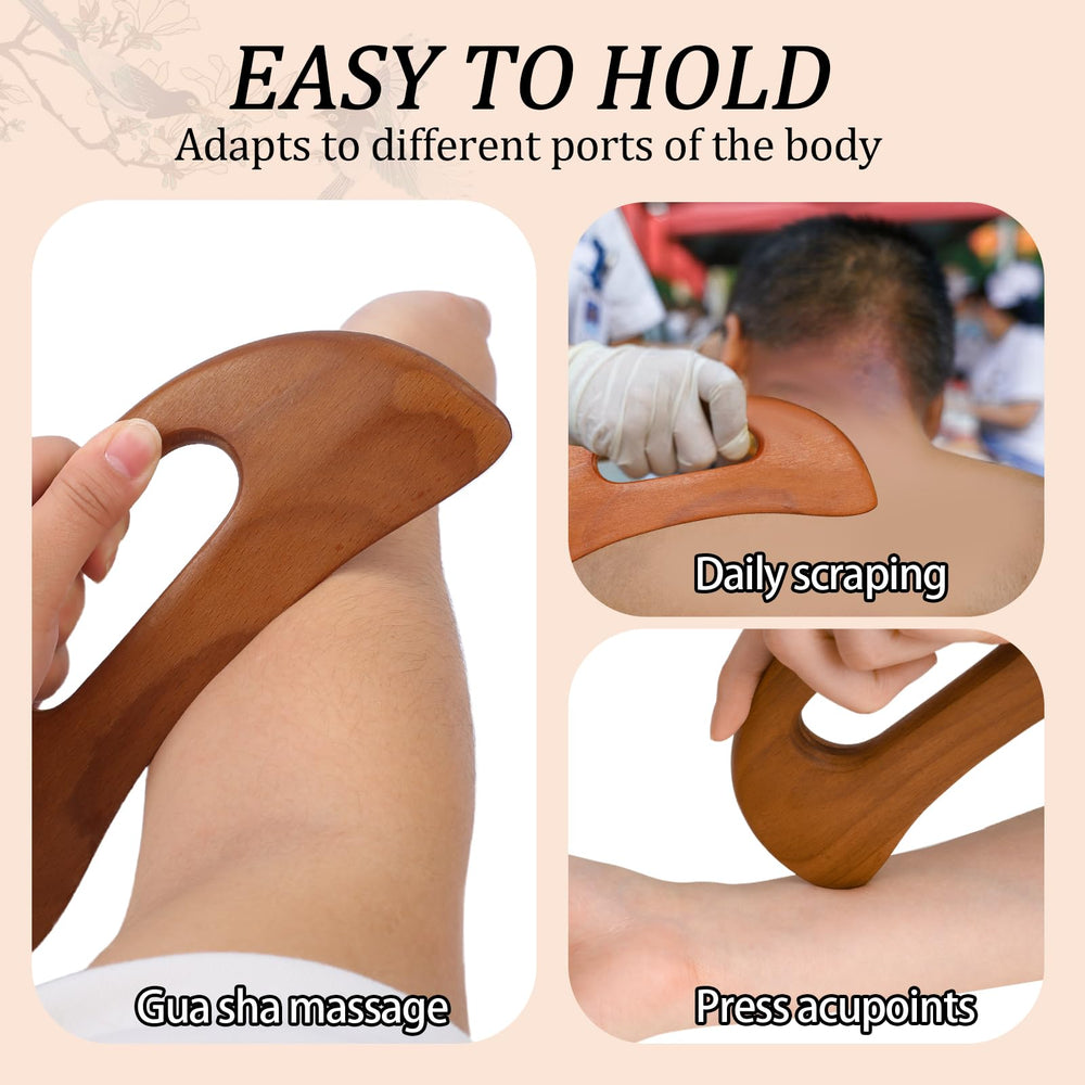 Mozeat Lens wooden gua sha board used on muscle areas for relief.