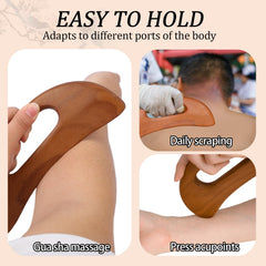 Mozeat Lens wooden gua sha board used on muscle areas for relief.