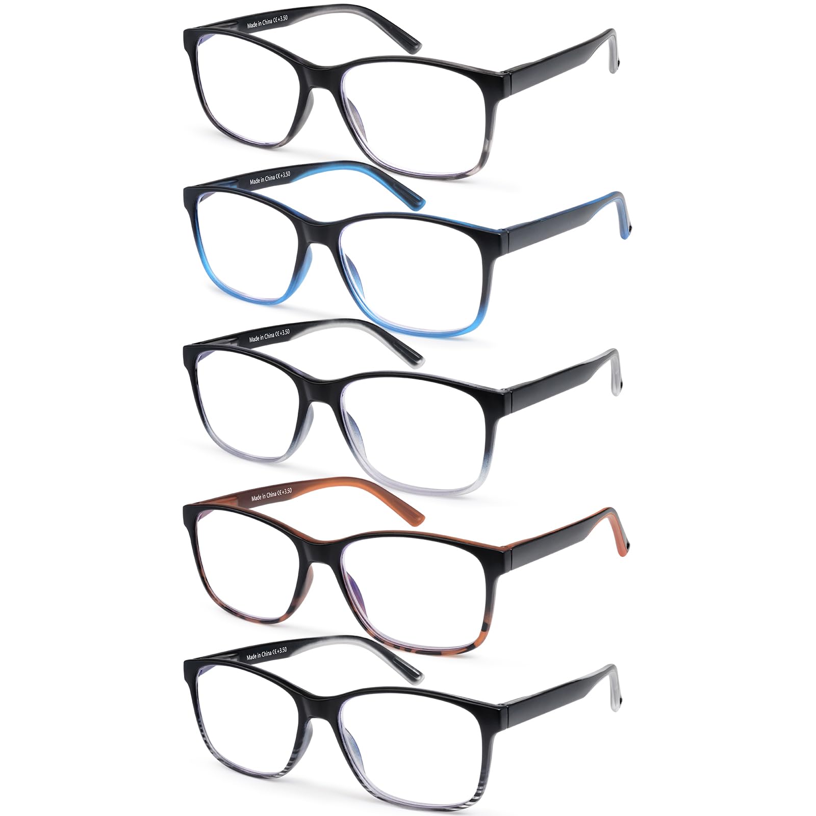 MOZVND 5-pack blue light reading glasses with spring hinge for comfortable all-day wear.