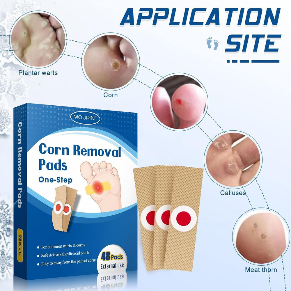 MQUPIN corn removal pads close-up showing medicated patch adherence