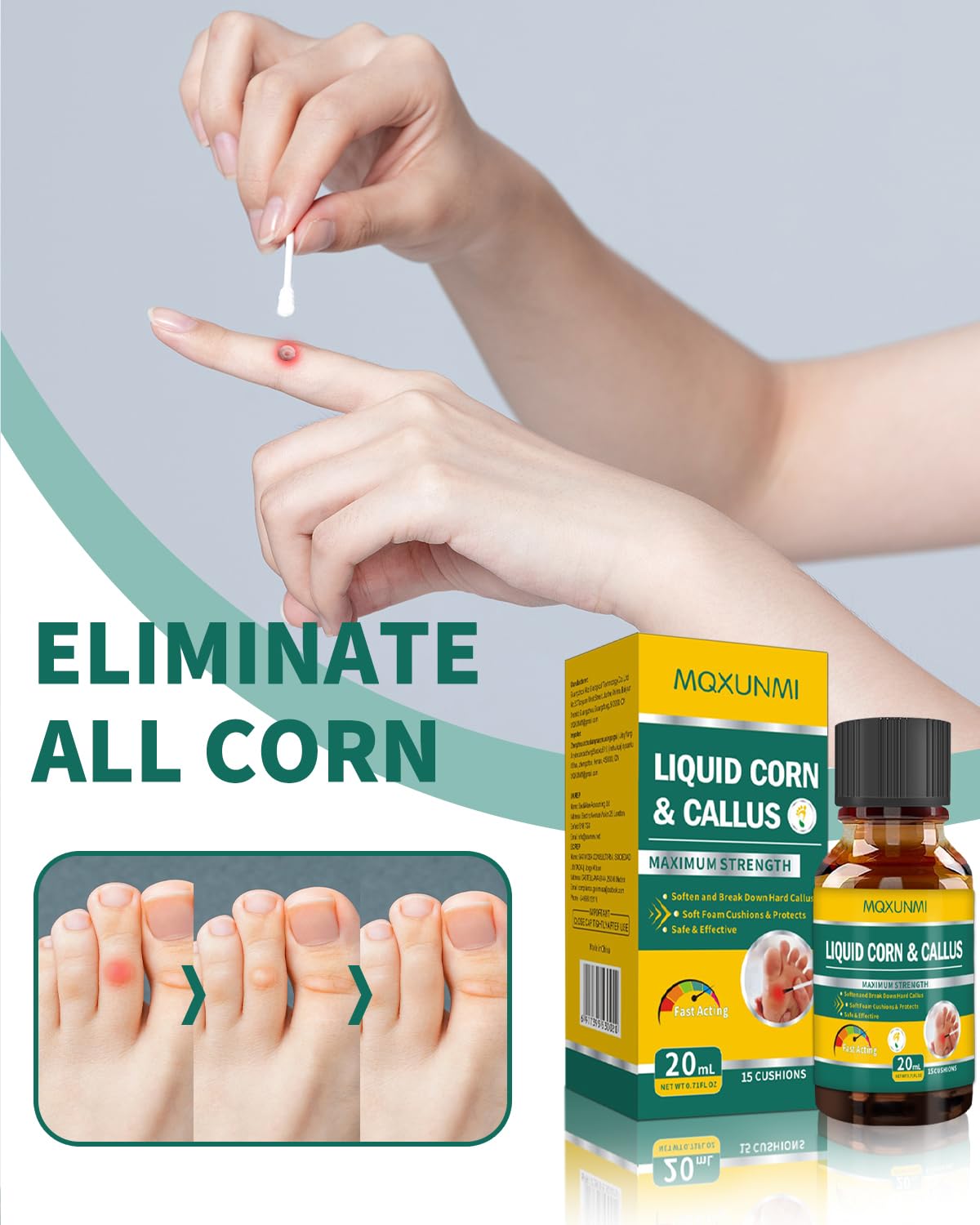 MQXUNMI footcare packaging highlights the complete corn solution.