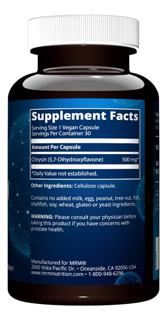 MRM Chrysin 500mg label closeup, gluten-free vegan formula