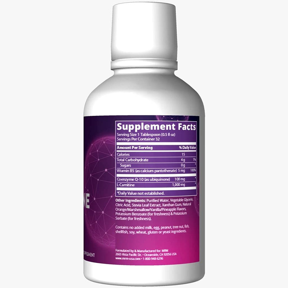 MRM CoQ-10 L-Carnitine liquid pour into a glass for easy mixing.