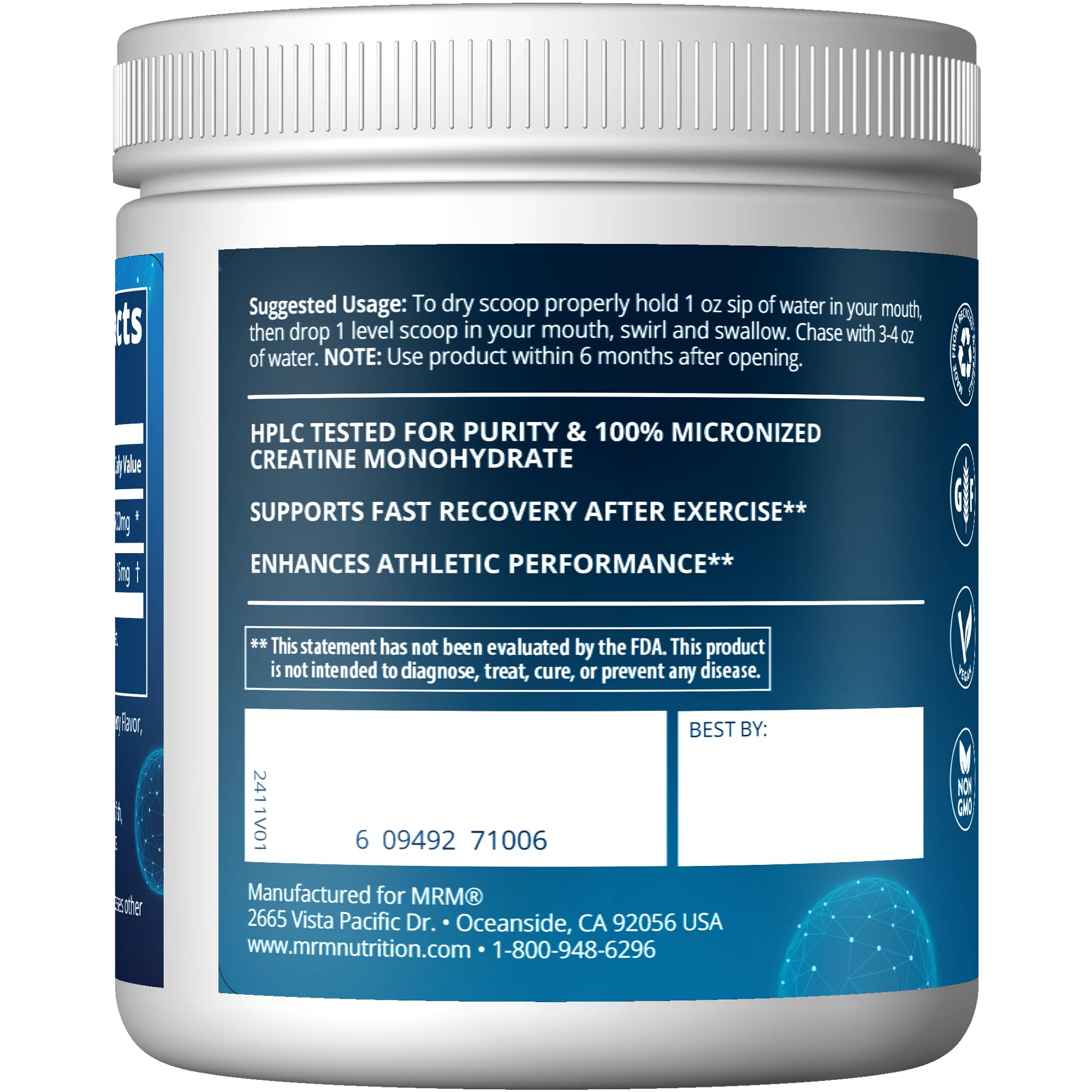 MRM Creatine Dry Scoop dispensing powder quickly into a shaker