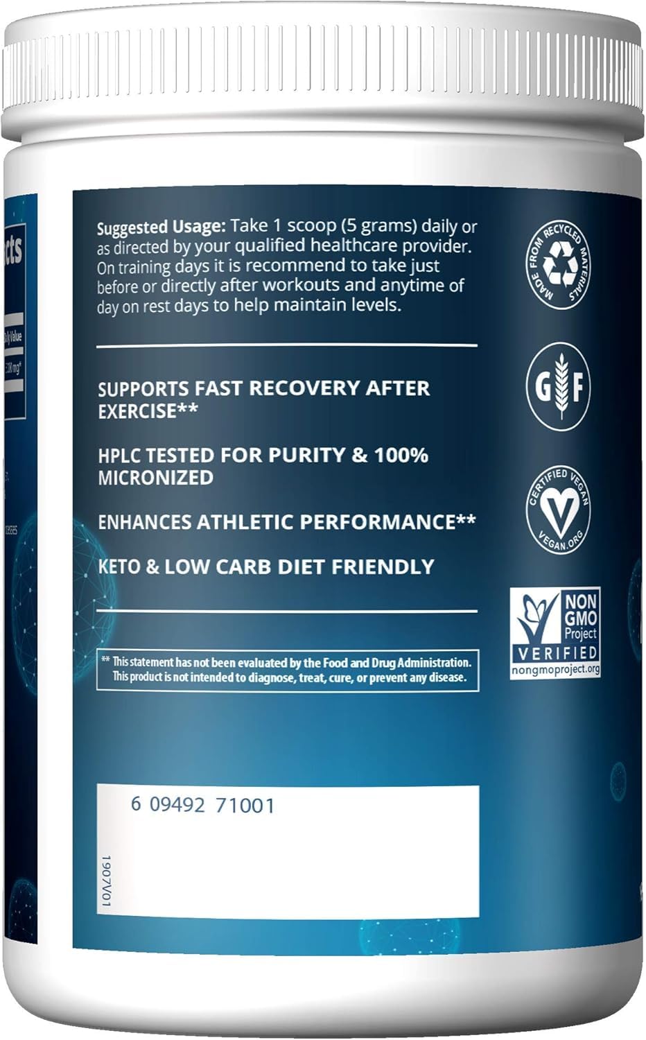 MRM Creatine Monohydrate Powder label close-up highlighting quality and purity