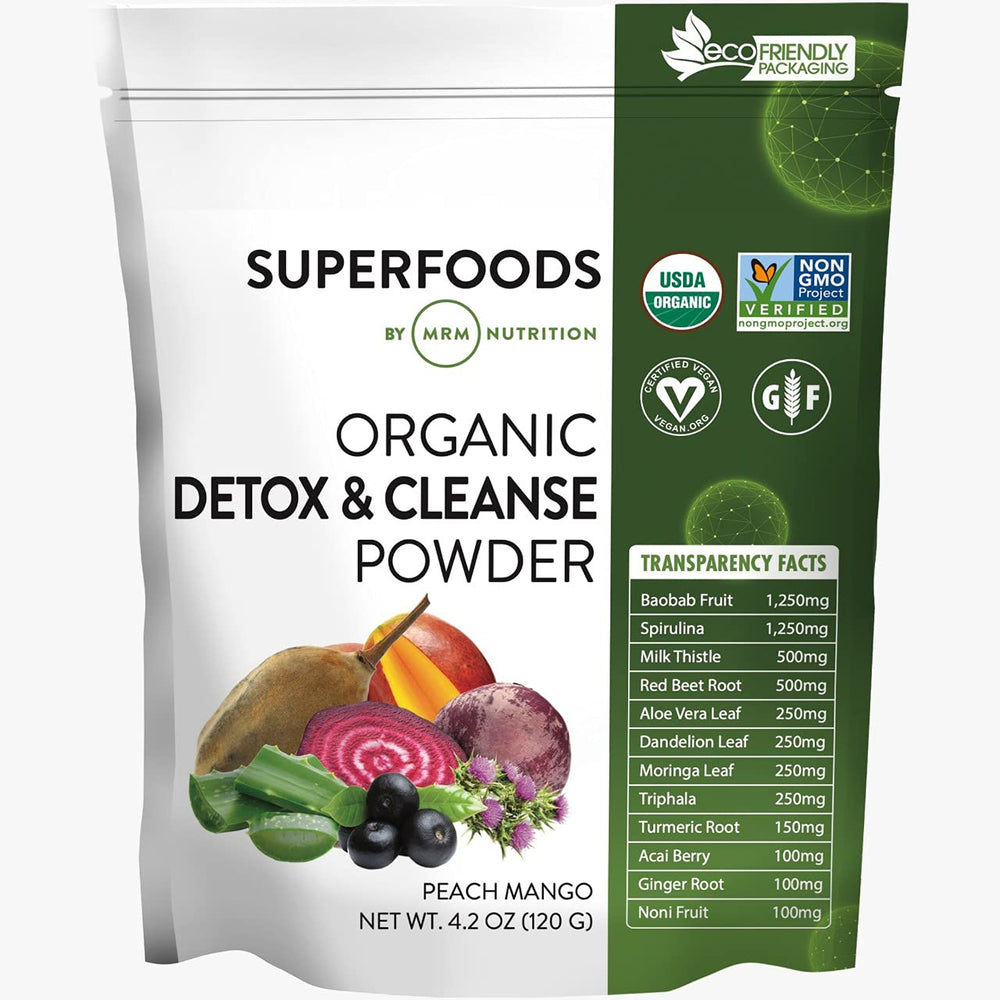 MRM Detox and Cleanse Peach Mango bottle showing organic formula for daily wellness