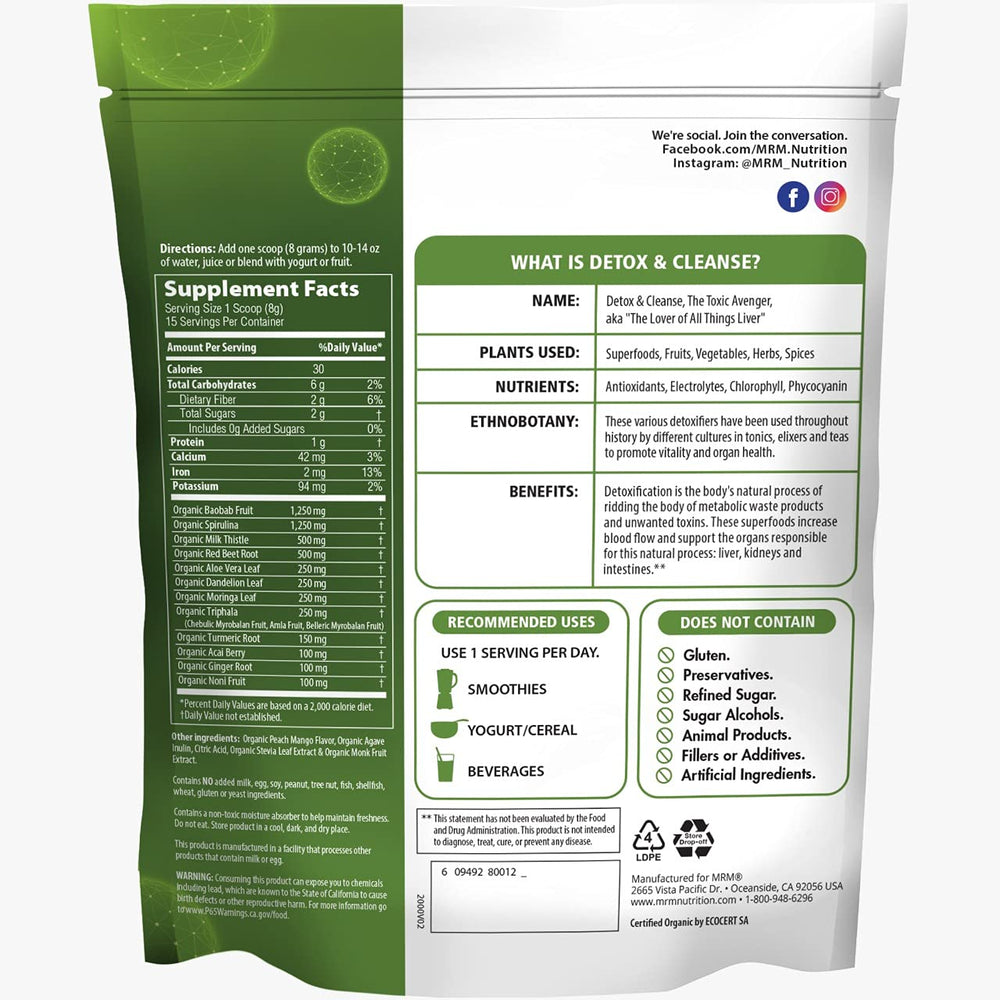 MRM Detox Peach Mango powder scoop ready to blend with water or juice