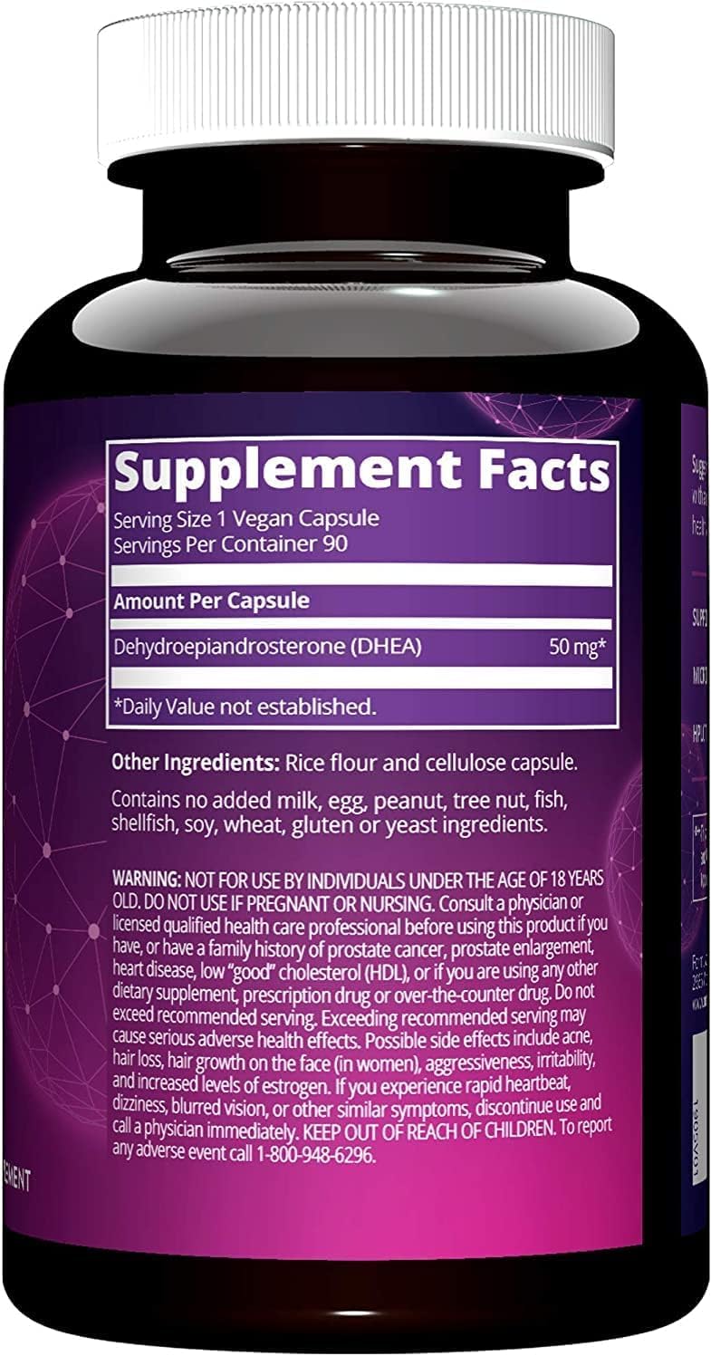 MRM DHEA 50mg label showing purity and potency verification.