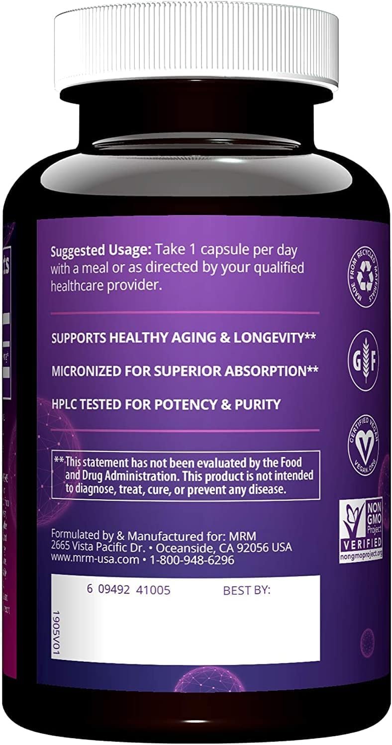 MRM DHEA 50mg packaging highlights gluten-free and vegan status.