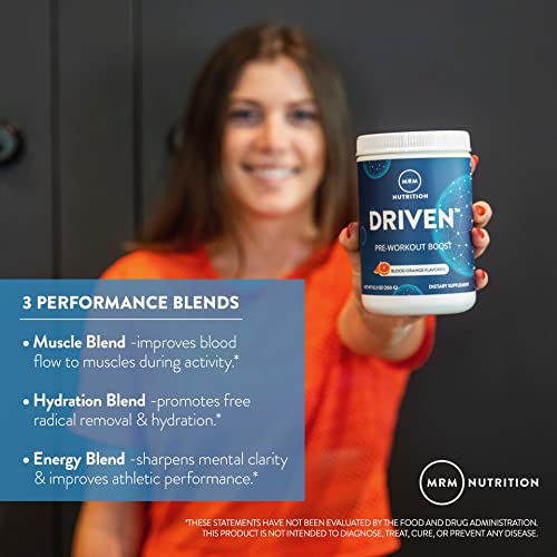 MRM Driven Pre-Workout energy blend label highlights caffeine and focus.