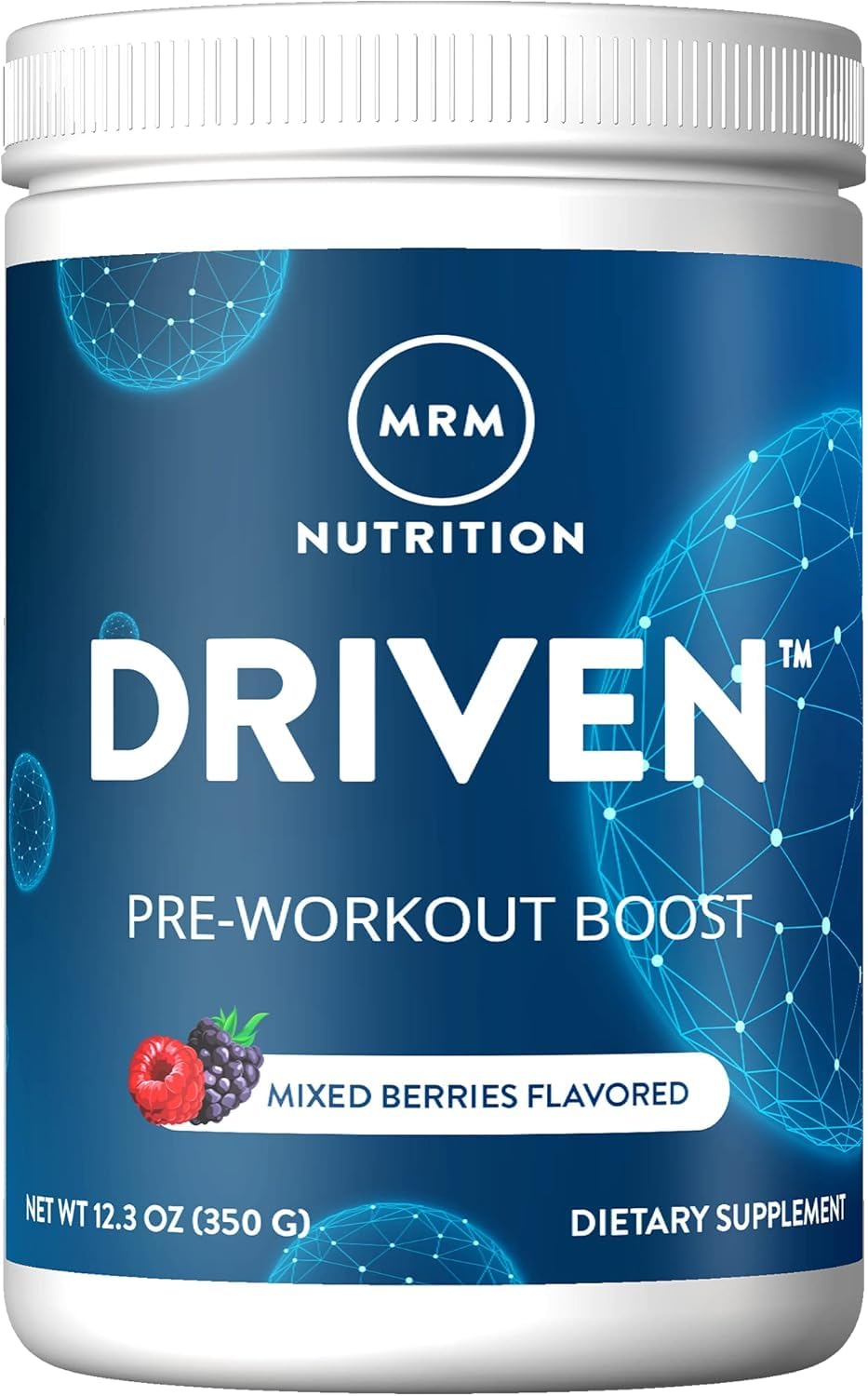 MRM Driven pre-workout powder dissolving in water in a glass, quick hydration visual