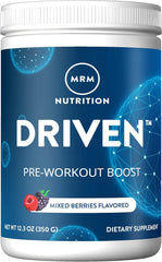 MRM Driven pre-workout powder dissolving in water in a glass, quick hydration visual