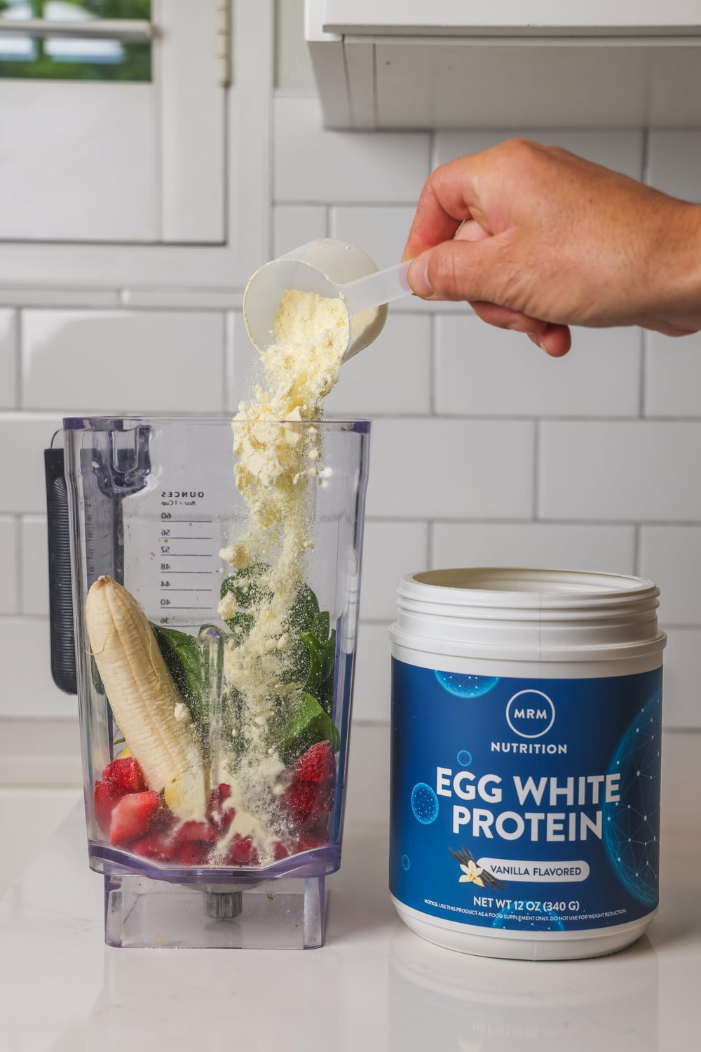 MRM Egg White Protein vanilla bag on counter for baking and recipes