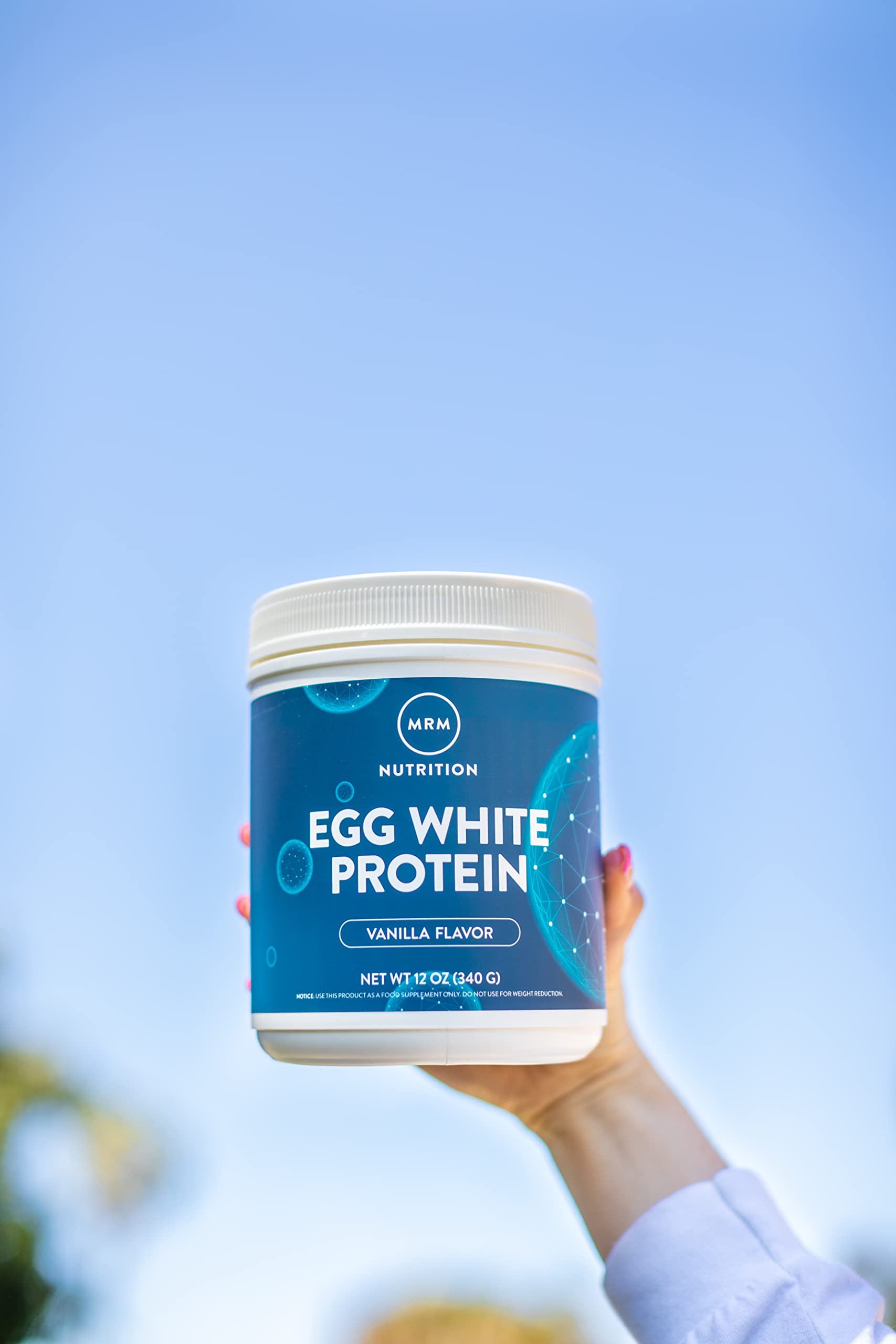MRM Egg White Protein Vanilla label close-up with certifications.