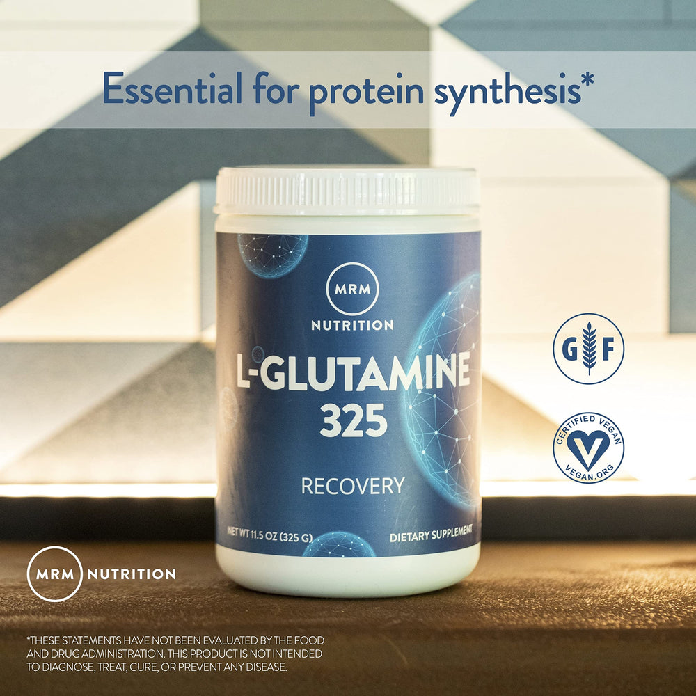MRM L-Glutamine label highlights gluten-free and vegan certifications