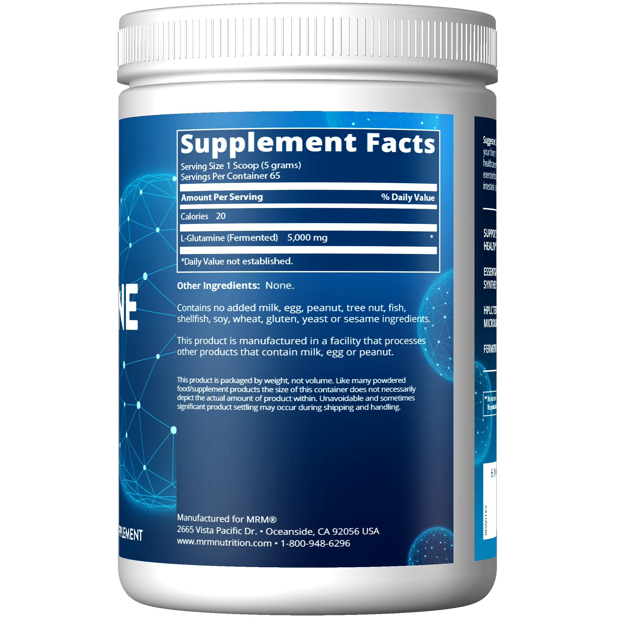MRM L-Glutamine powder close-up shows vegan fermented source for digestion