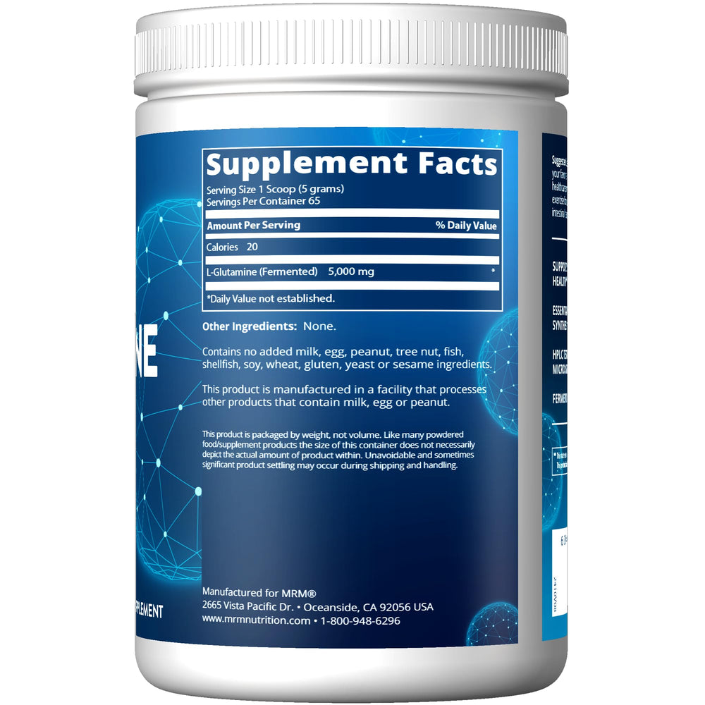 MRM L-Glutamine powder close-up shows vegan fermented source for digestion