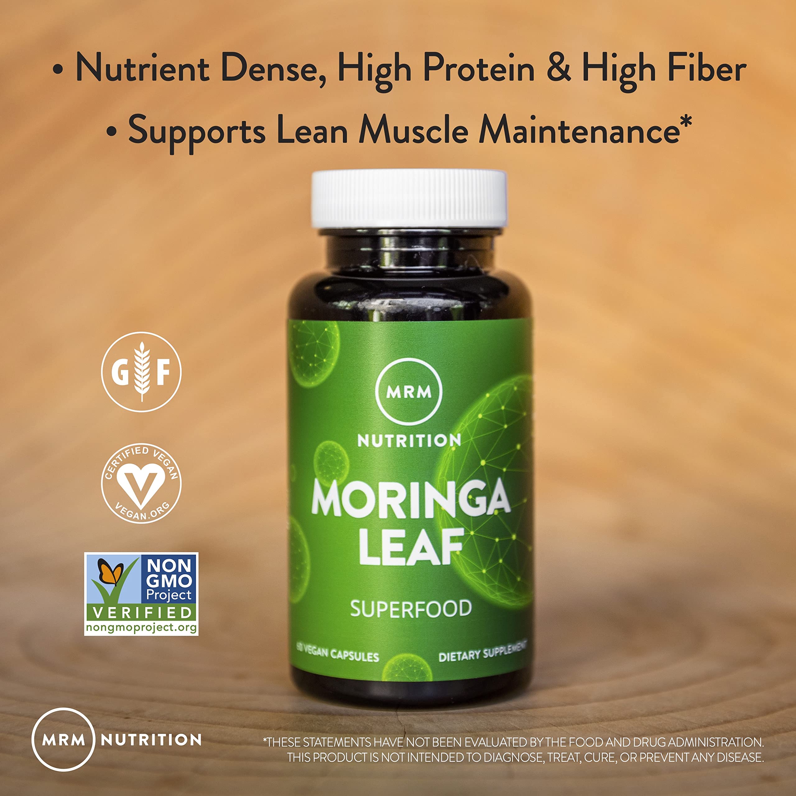 MRM Moringa Leaf Capsules packaging highlights vegan and gluten-free features for dietary needs