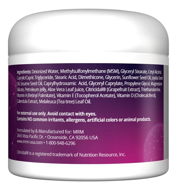 MRM MSM Cream bottle with oil-blend formula for nourishing skin.