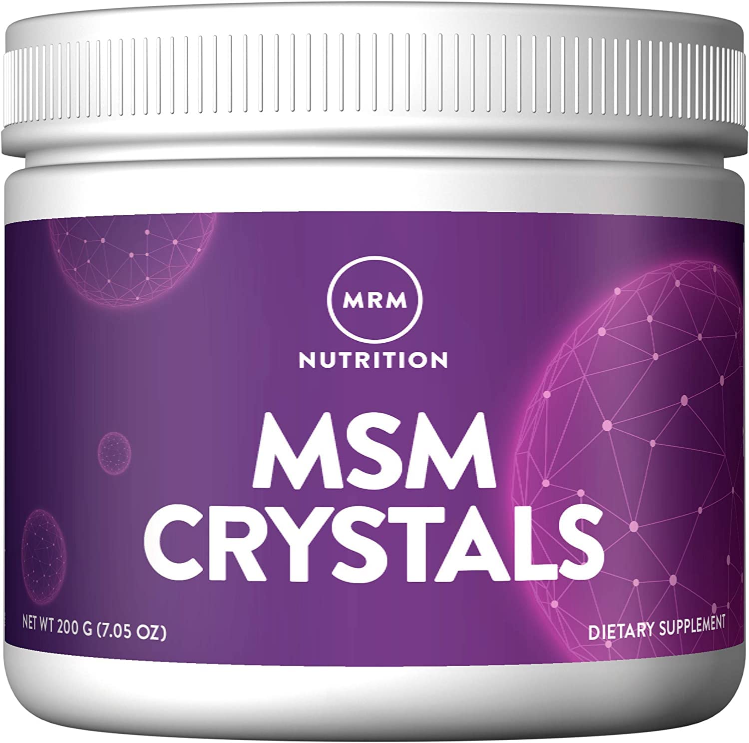 MRM MSM Crystals bottle closeup for joint support and daily vitality.