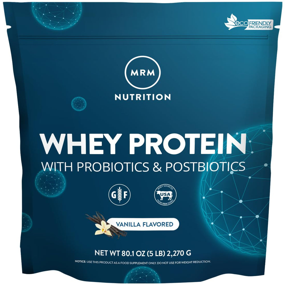 MRM Natural Whey 5lb container supports lean muscle growth for athletes.