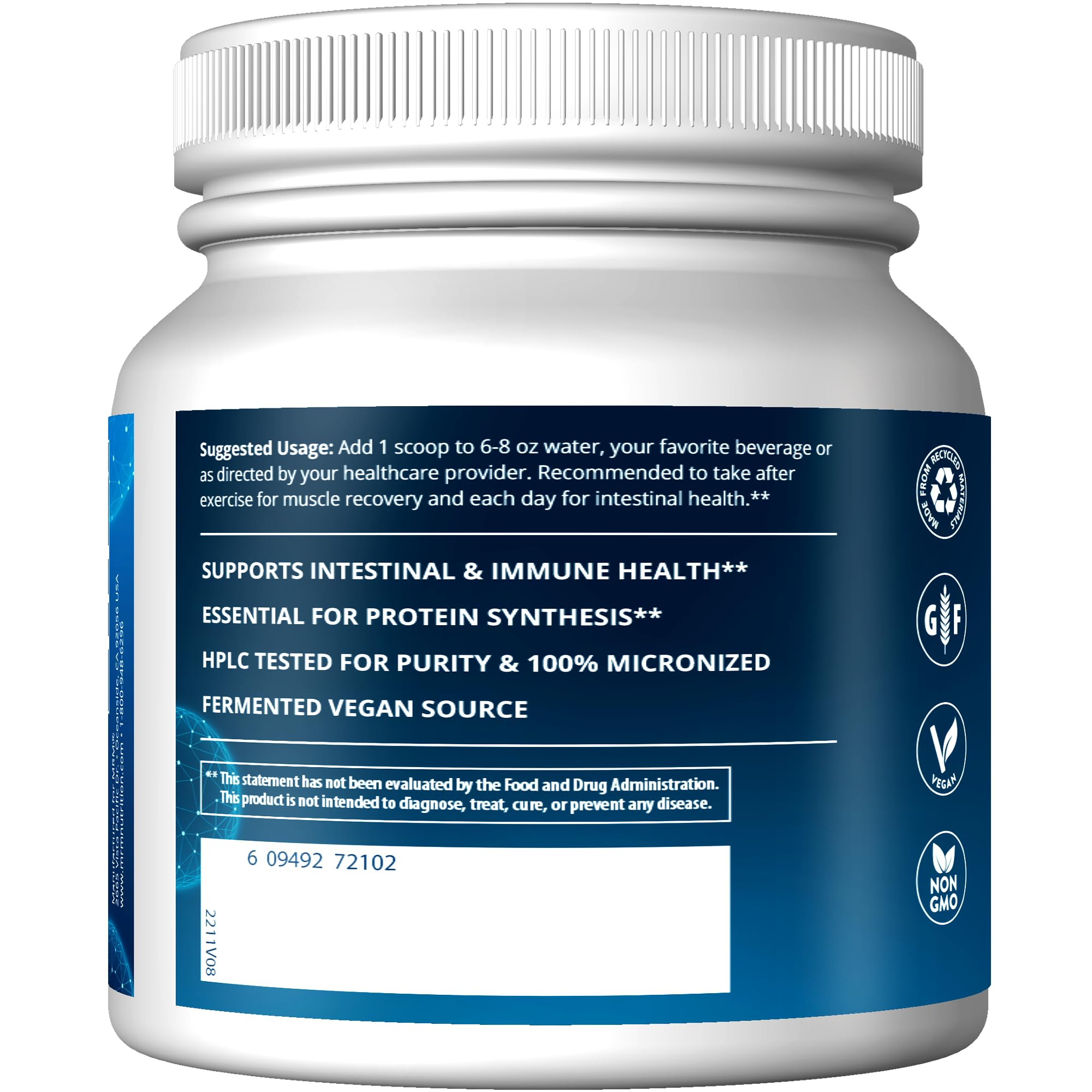 MRM fermented L-Glutamine powder emphasizes gut and immune support.