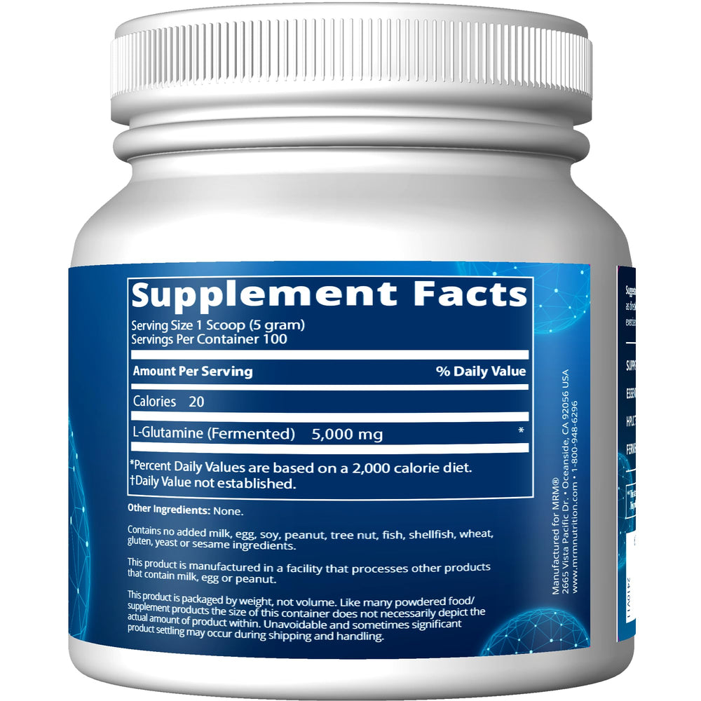 MRM L-Glutamine label close-up highlighting vegan fermented formula.