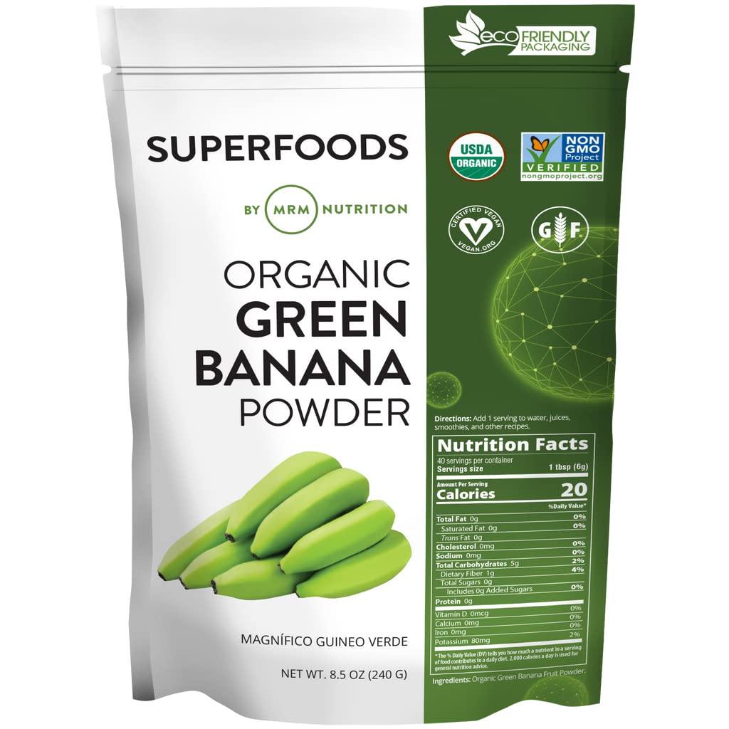 MRM Nutrition Organic Green Banana Powder bottle highlighting gluten-free, vegan, high-fiber convenience.