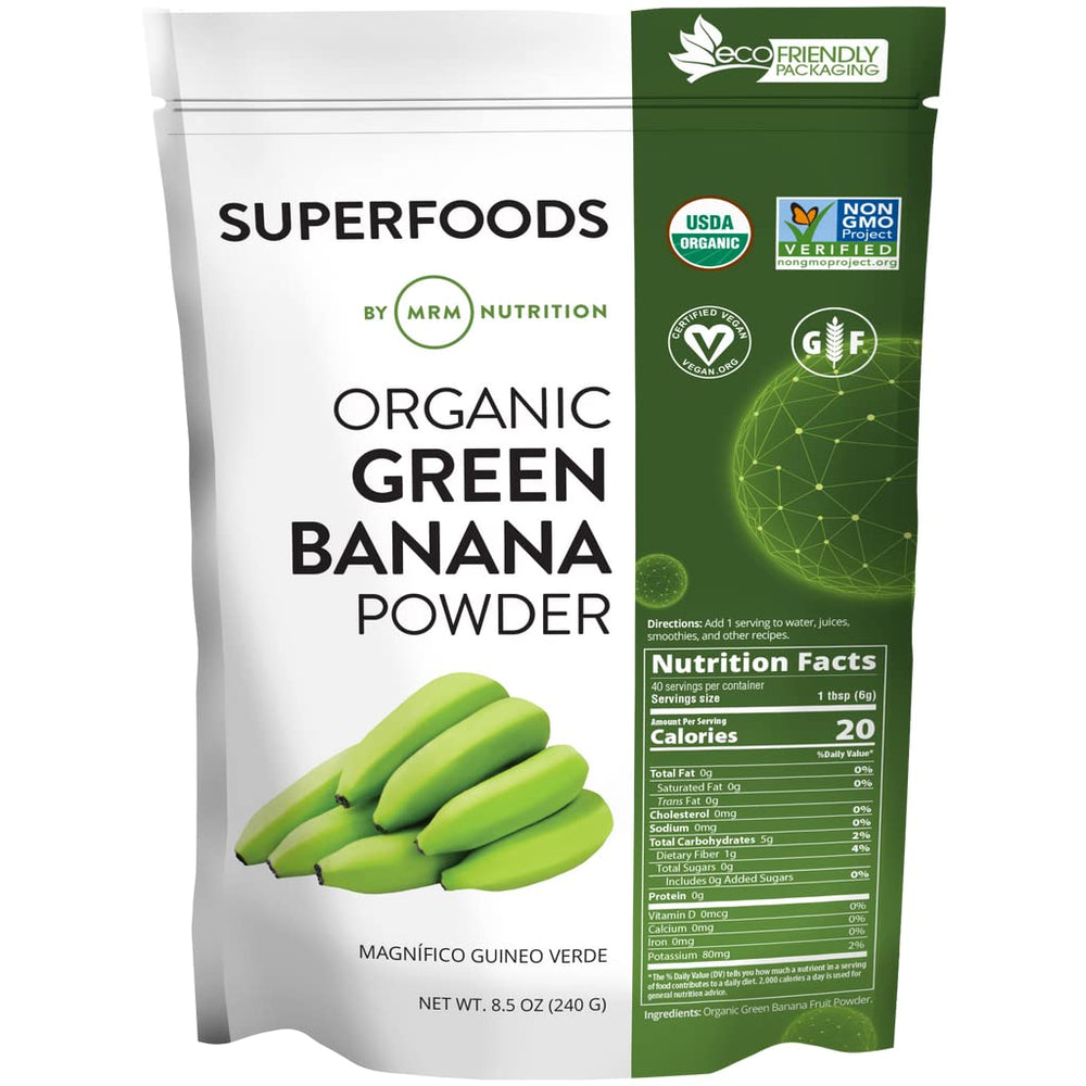 MRM Nutrition Organic Green Banana Powder bottle highlighting gluten-free, vegan, high-fiber convenience.
