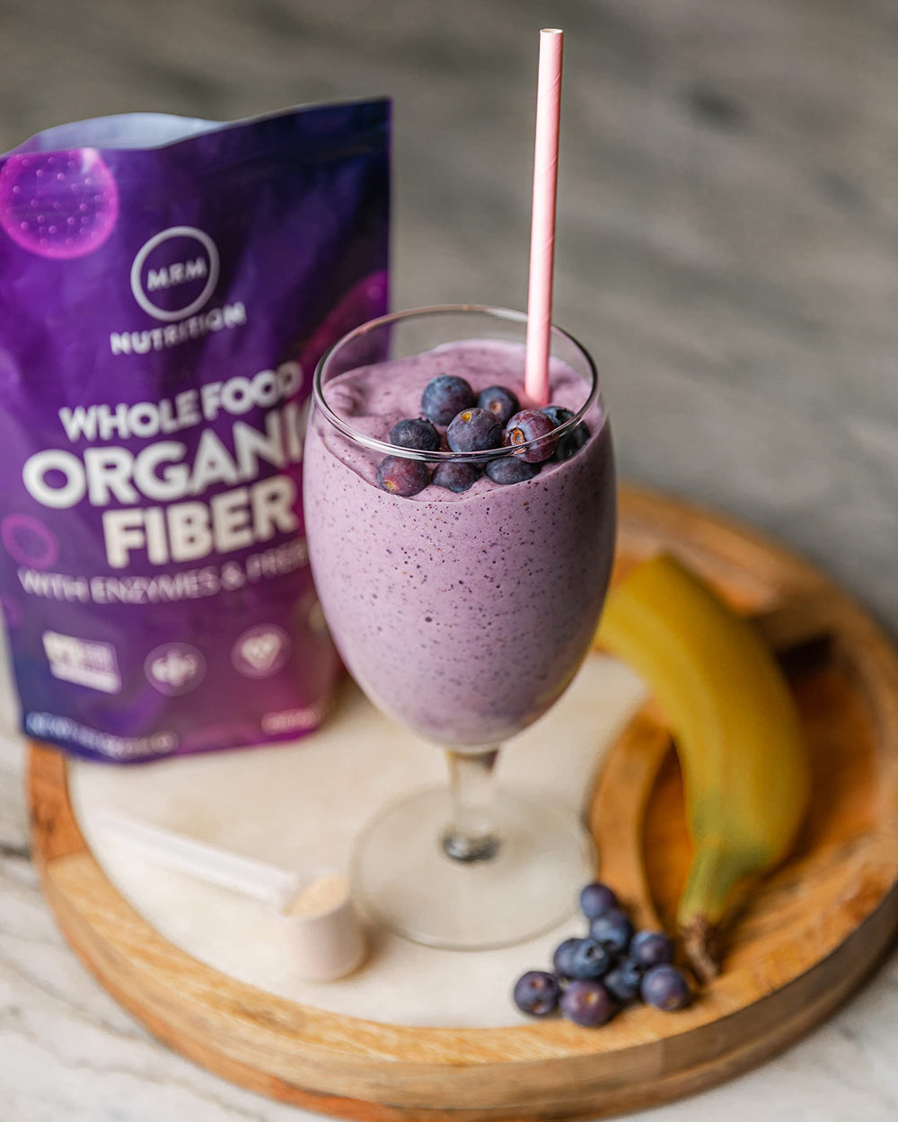 Pour shot into glass of organic fiber for quick mixing