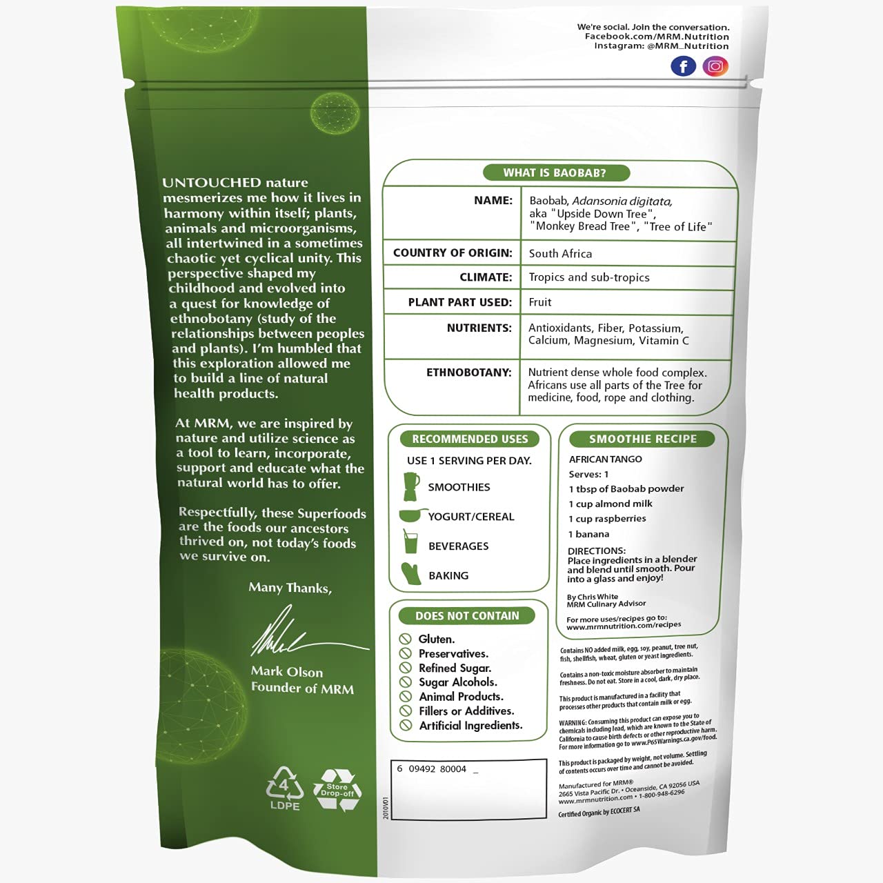 MRM Organic Baobab Powder pours into a glass, highlighting antioxidant-rich intake.