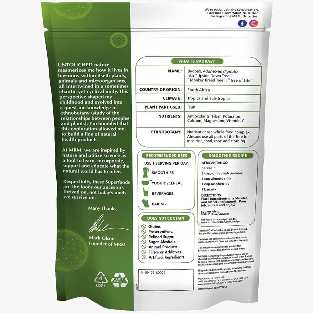 MRM Organic Baobab Powder pours into a glass, highlighting antioxidant-rich intake.
