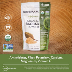 MRM Organic Baobab Powder scoop in jar suggests easy serving for smoothies.