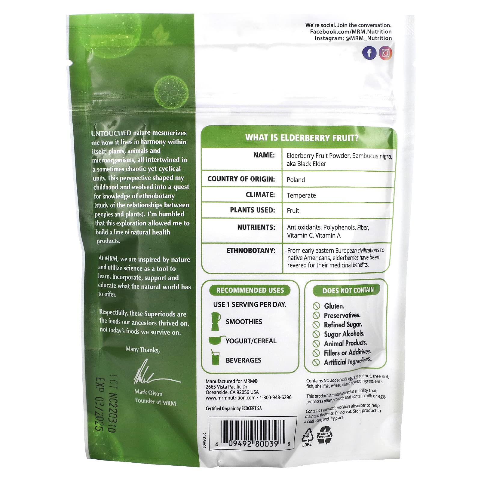 MRM Organic Elderberry Powder being poured into a glass for juices or water.