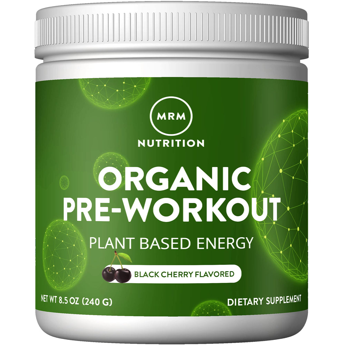 MRM Organic Pre-Workout bottle shows black cherry flavor for clean energy