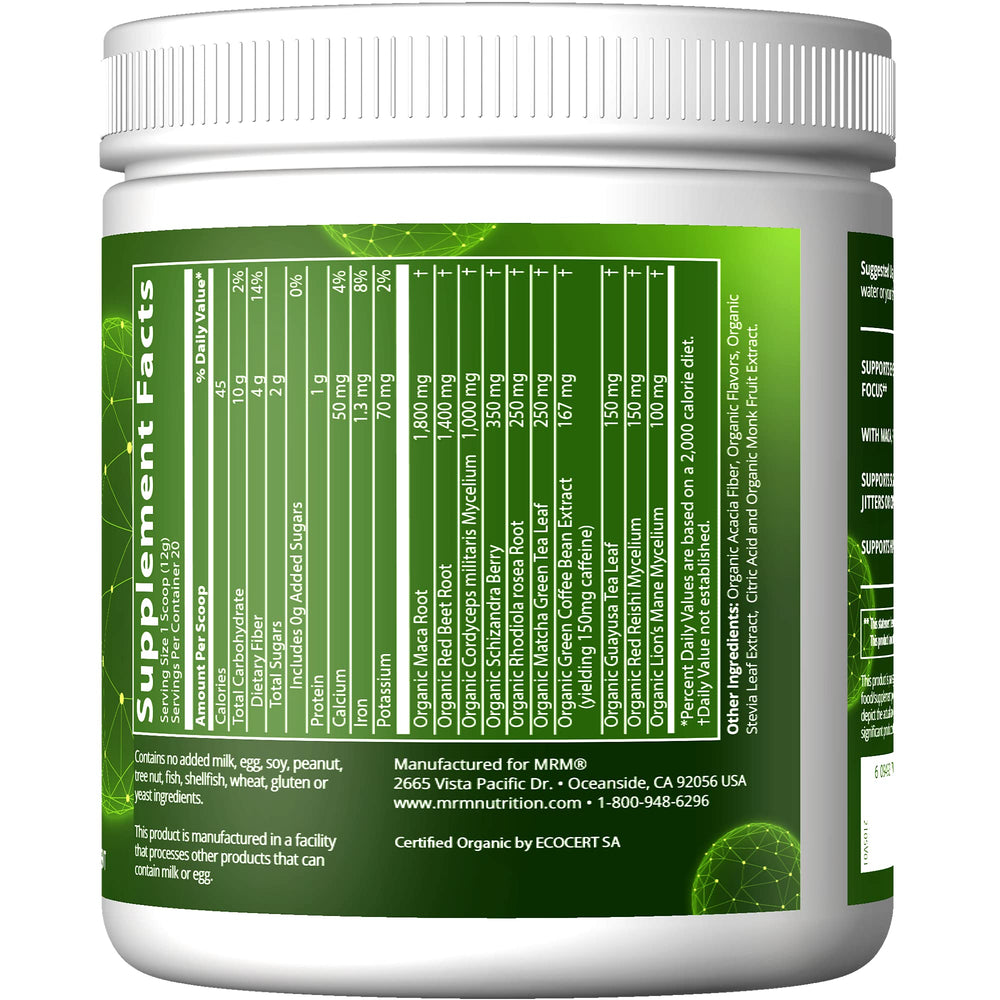 MRM Pre-Workout powder scoop highlighting natural caffeine for focus