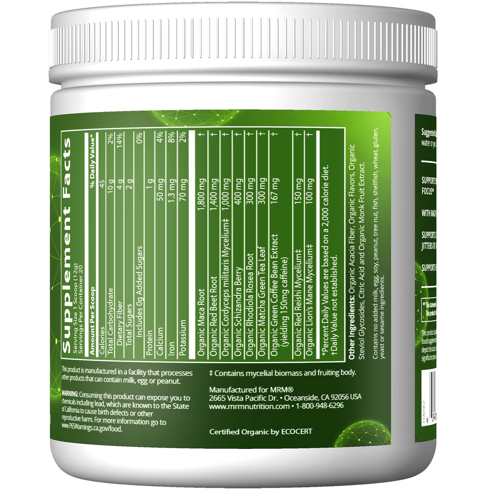 MRM Organic Pre-Workout powder swirling in water for quick mixing.