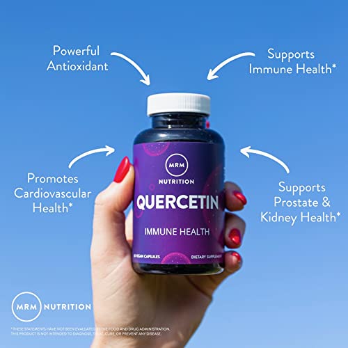 MRM Quercetin label certifications displaying gluten-free, vegan, non-GMO standards.